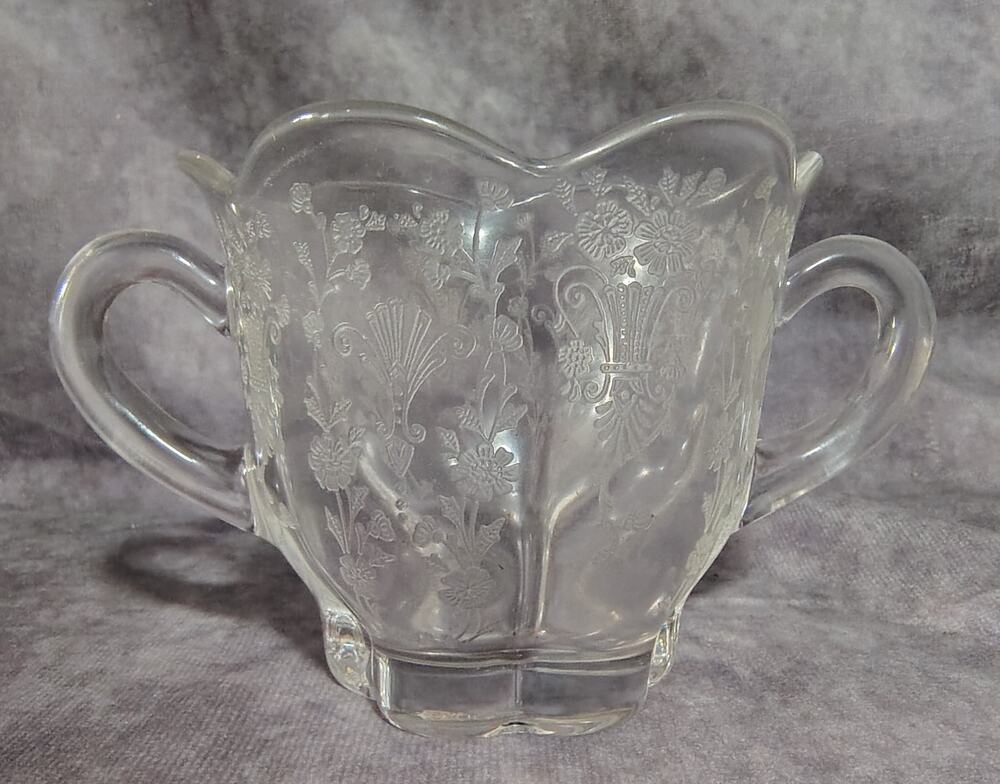 Vintage Duncan & Miller First Love Crystal Double Handled Sugar Manganese GLOWS